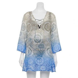 Portocruz Mesh Tie Dye Lace up Tunic Coverup Beach Summer Boho Top Sexy Lady M